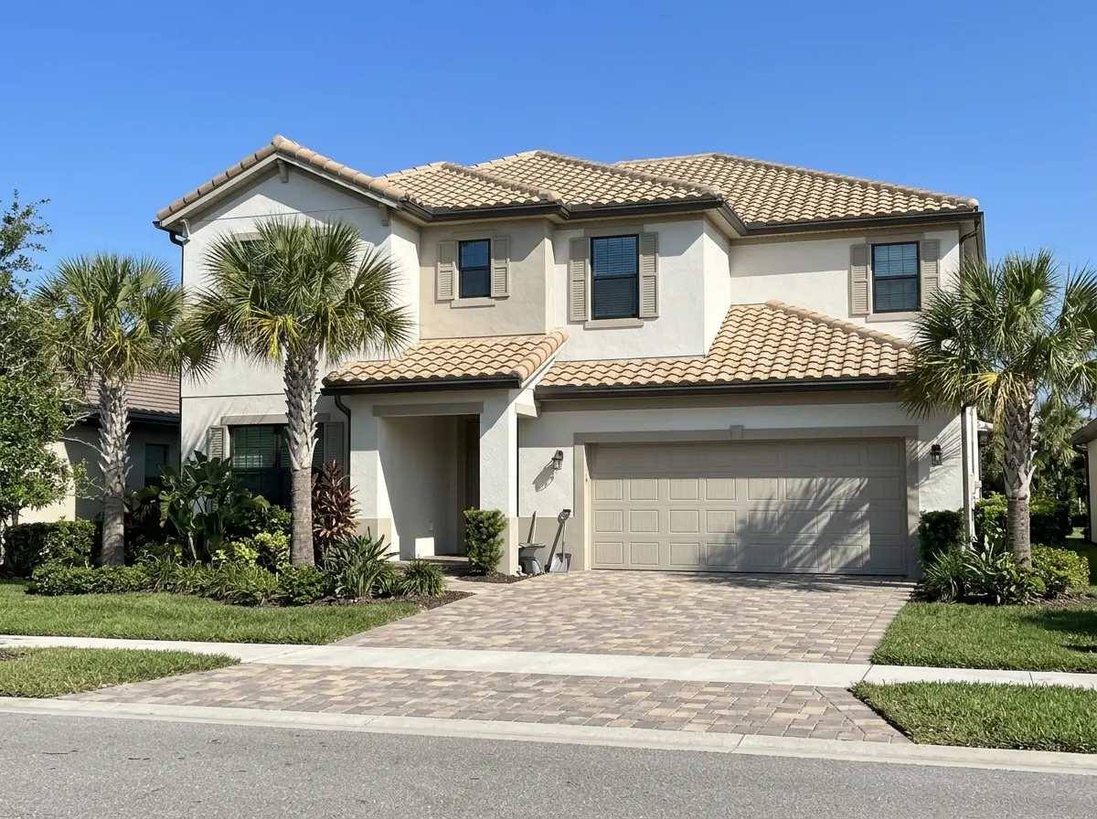 Light tan concrete barrel-profile tile roof on a two-story stucco home, uniform tile shapes and a mortared ridge line