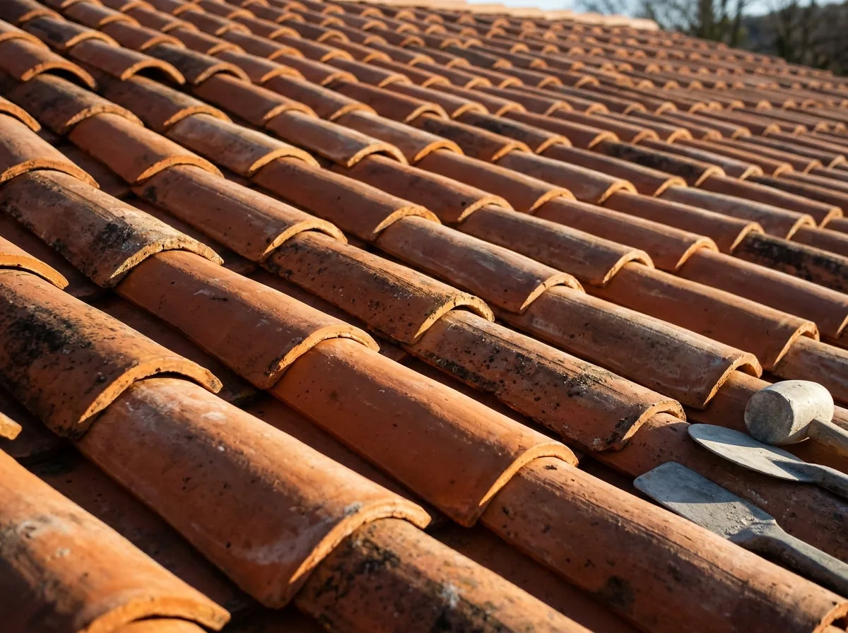 Close view of a two-piece terracotta barrel tile roof showing concave pans in rows with rounded caps laid over each joint