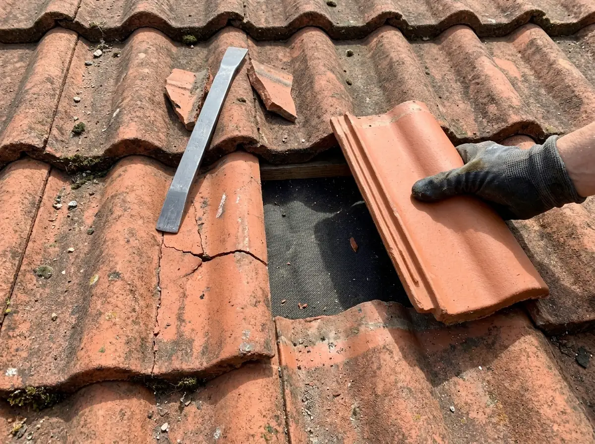 Gloved hand sliding a replacement tile into the gap left by a cracked concrete roof tile