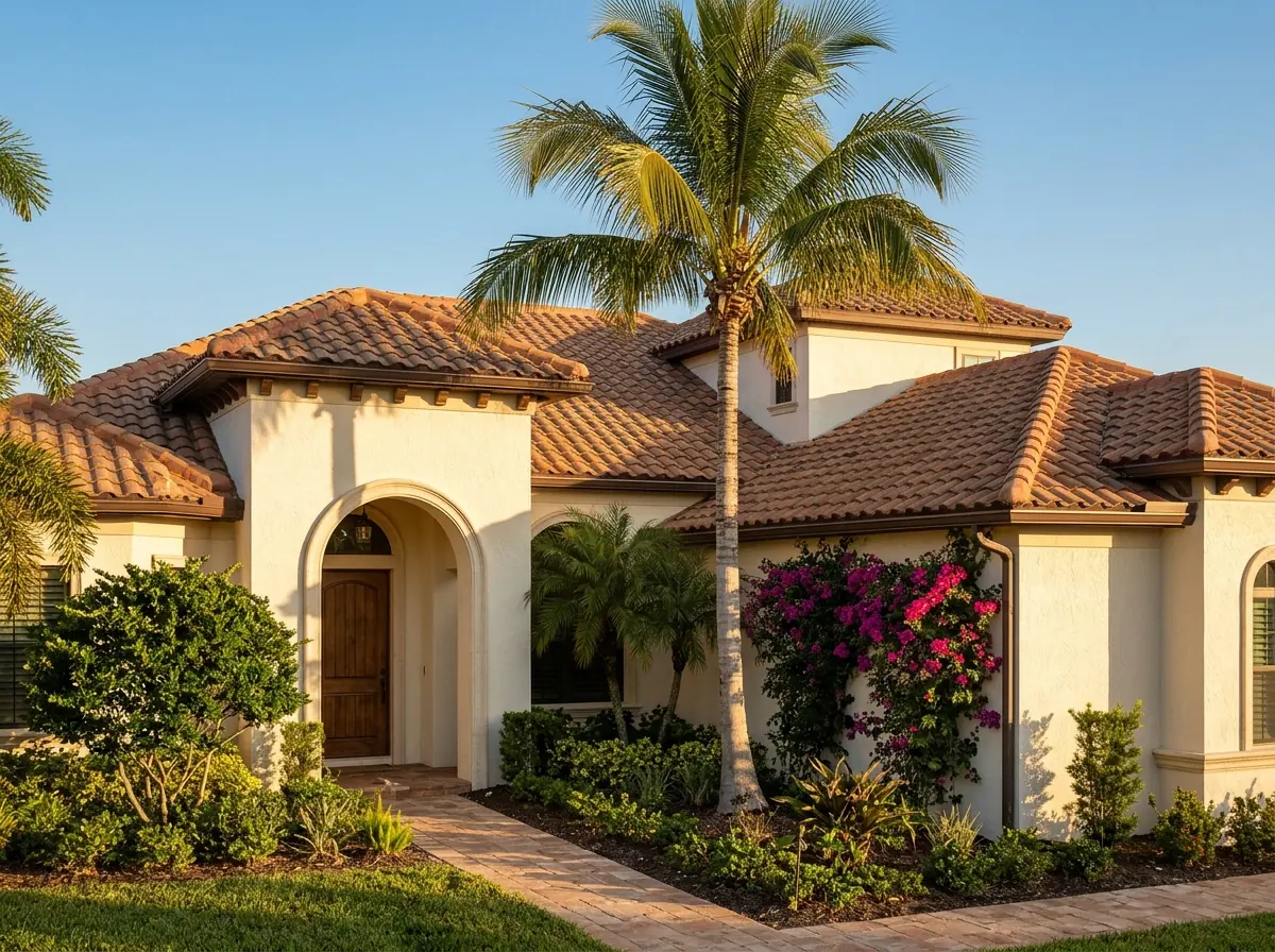 Mediterranean-style home with a two-piece terracotta clay barrel tile roof