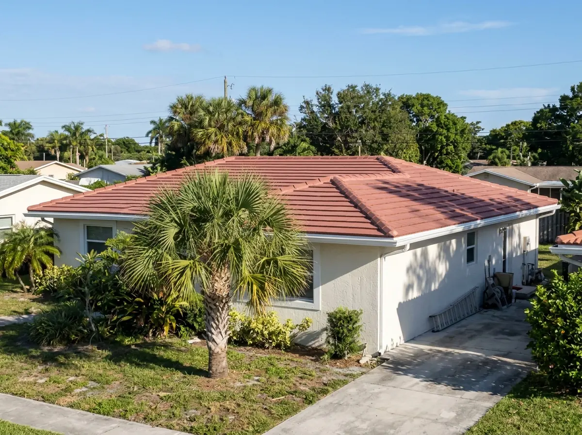 Flat interlocking clay roof tiles in a muted red with straight shadow lines on a single-story stucco house