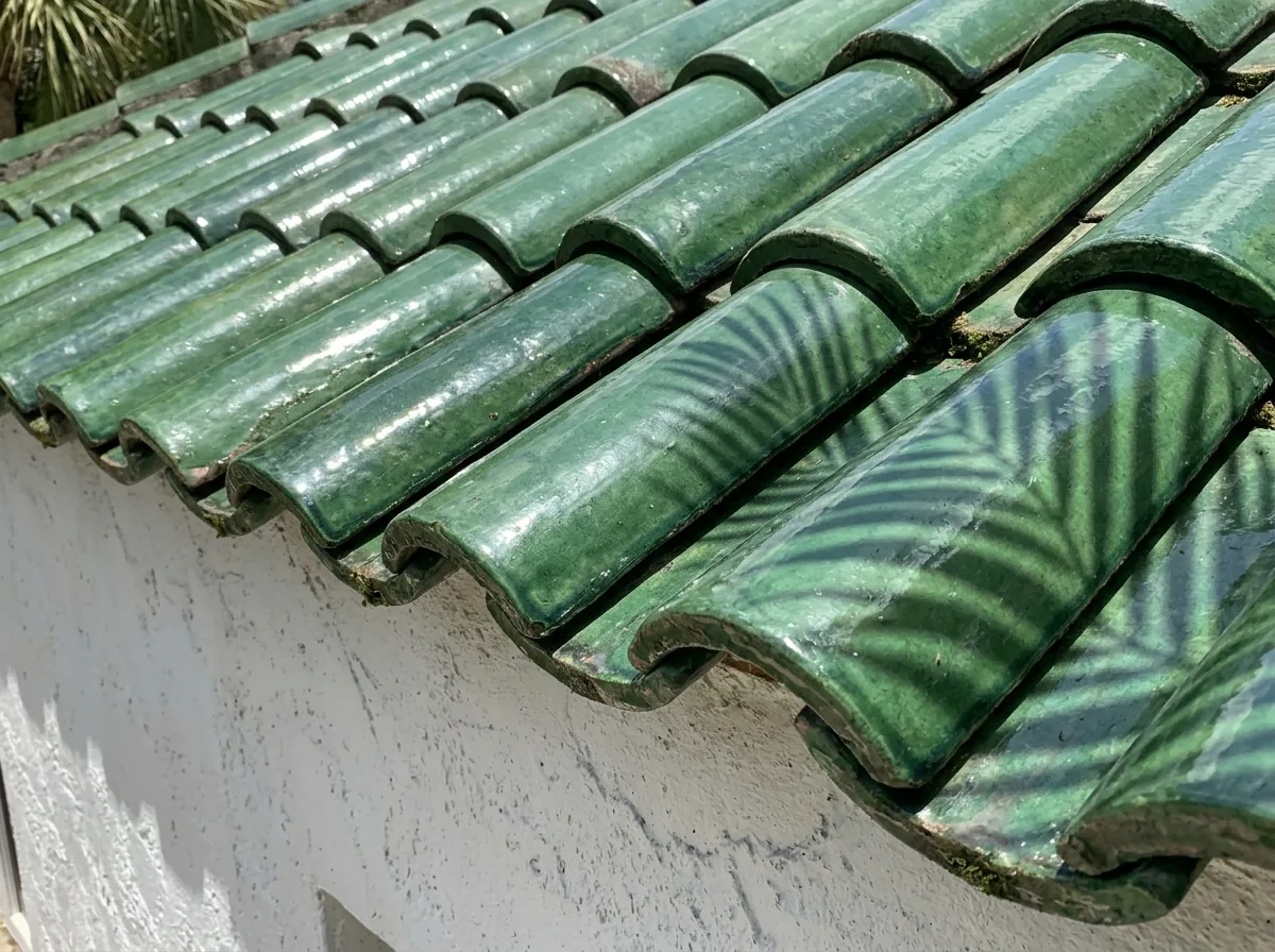 Close view of glossy glazed green clay roof tiles reflecting sunlight along the edge of a roof