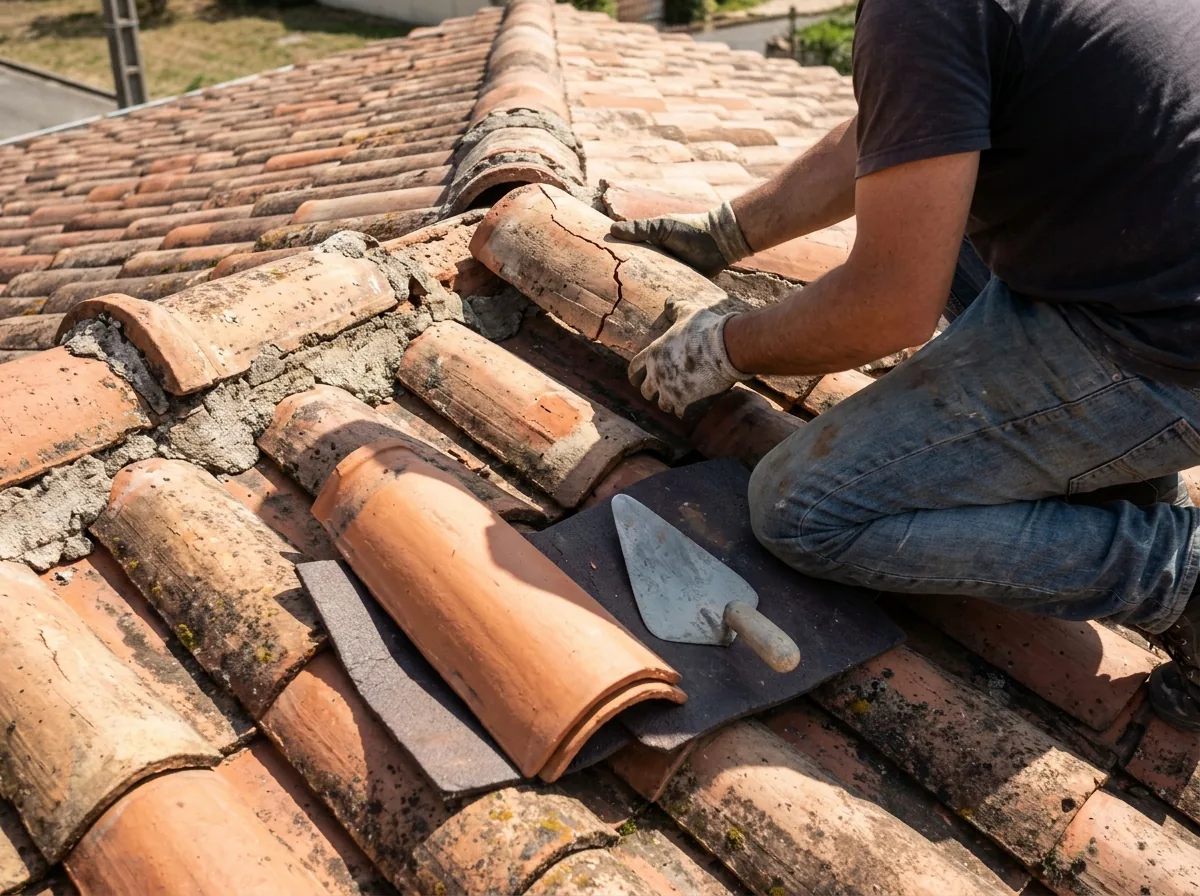 Roofer seen from behind kneeling on a weathered terracotta barrel tile roof, lifting a cracked cap tile