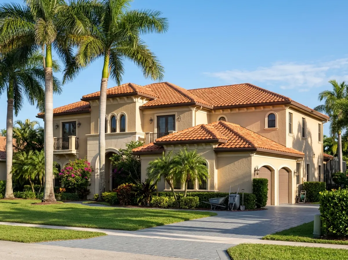 Two-story Mediterranean-style stucco home with a terracotta two-piece clay barrel tile roof under a bright blue sky