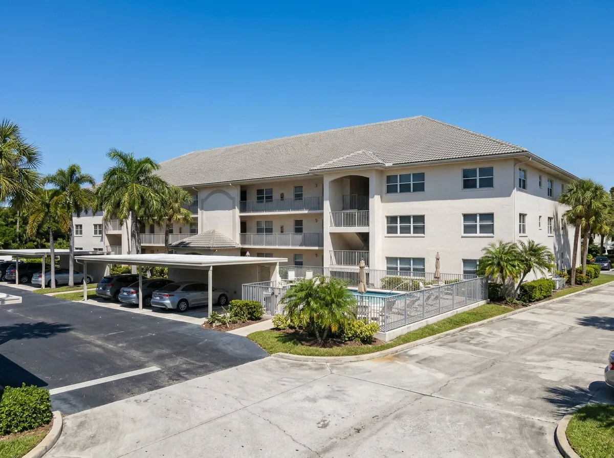 Three-story condominium building with a hip tile roof, parking lot and pool in front
