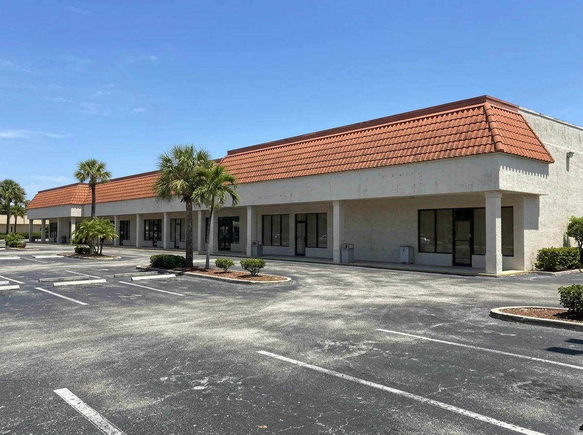 Single-story office plaza with a steep tile mansard roof band around a flat roof behind