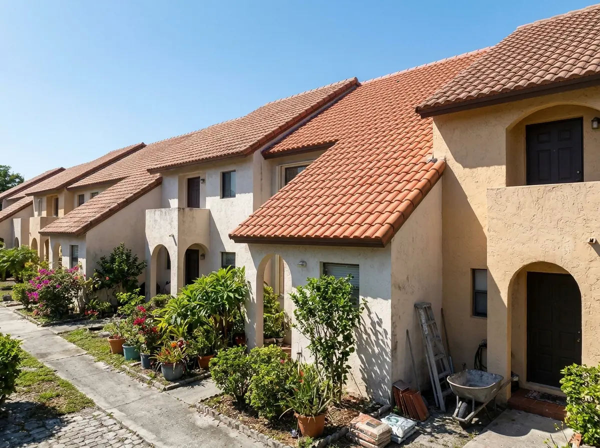 Row of two-story townhomes under one continuous tile roof, with a section of new tile over one unit