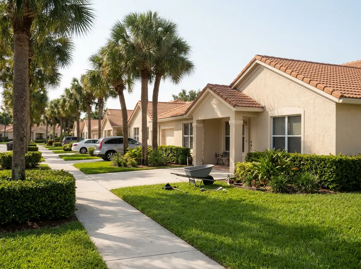 Row of single-story villas in a community with matching terracotta concrete S-tile roofs and palm-lined walkways