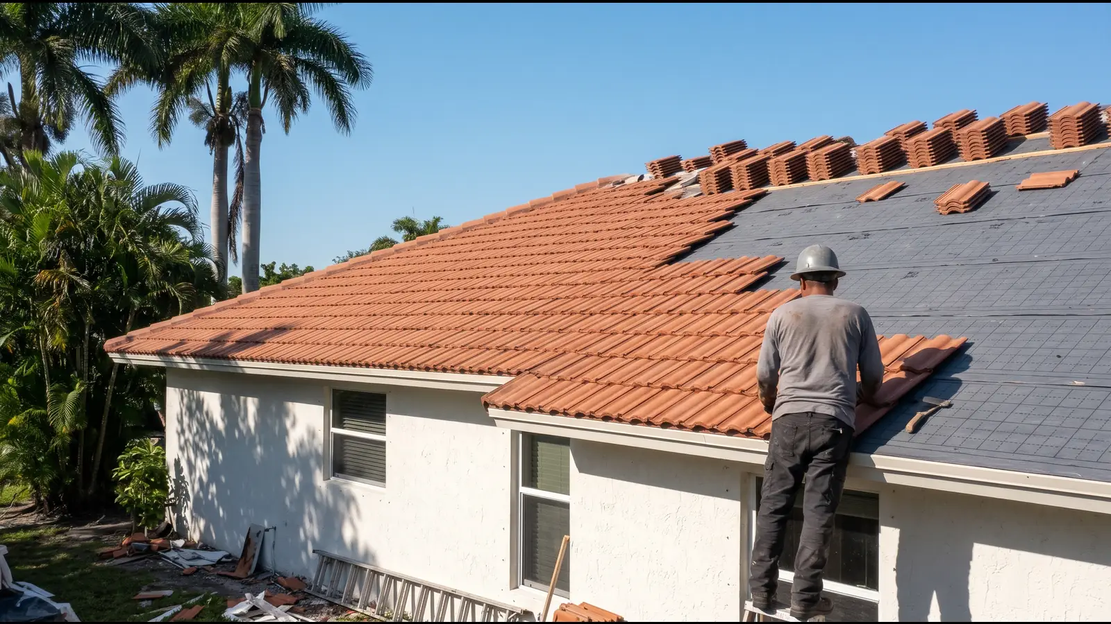 South Florida ranch home halfway through a concrete S-tile re-roof, new tiles on one side and underlayment with stacked tiles on the other