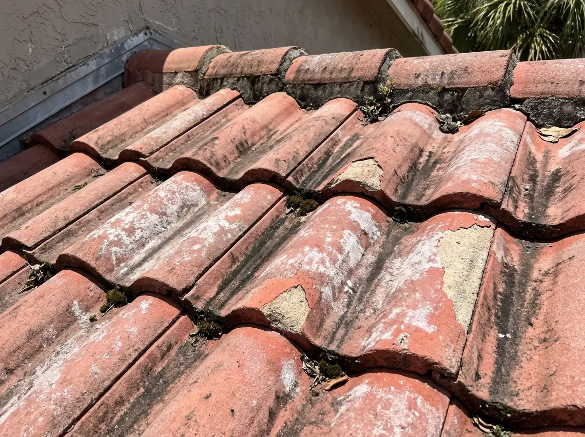 Weathered concrete S-tile roof with softened color, white chalky patches and a few chipped tile edges