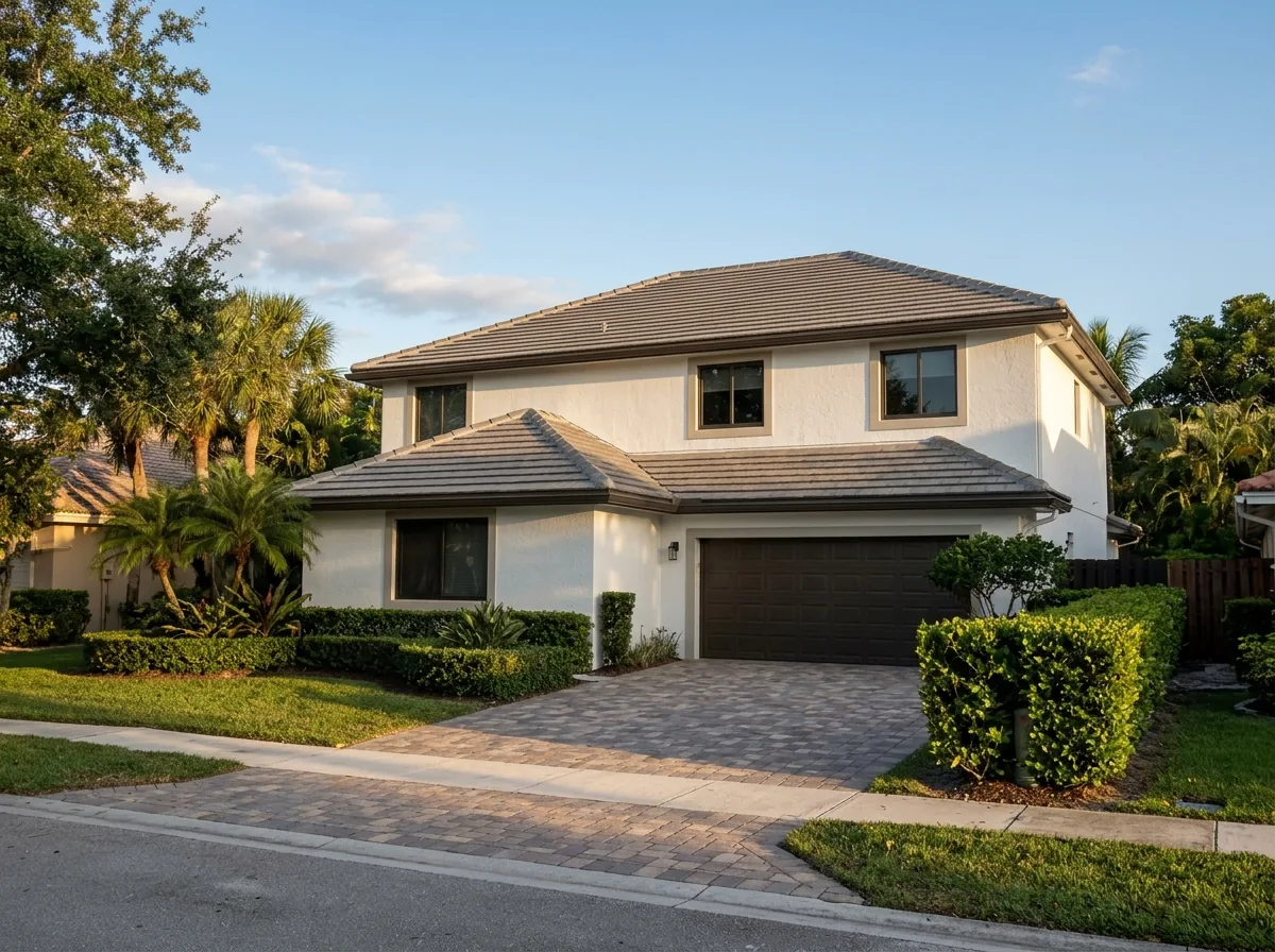 Two-story Florida home with a new gray-brown concrete S-tile roof and mortared ridge caps