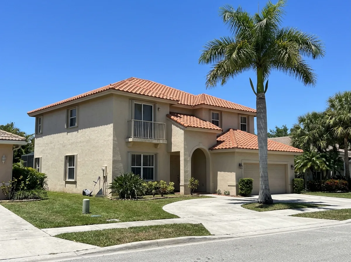 Two-story stucco home with a terracotta-colored concrete S-tile roof showing deep wave shadows in bright sun