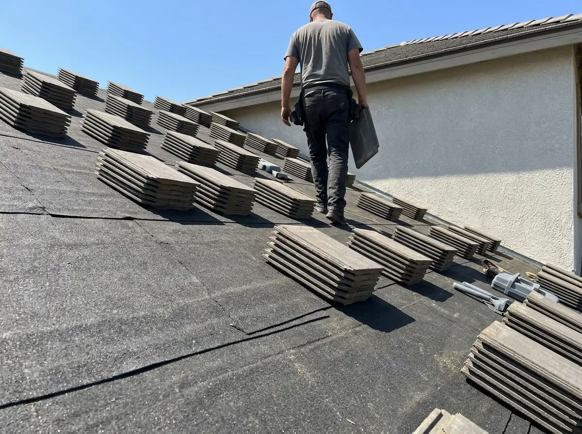 Pallet of lightweight concrete roof tiles stacked on a sheathed roof deck beside the ridge of a stucco home