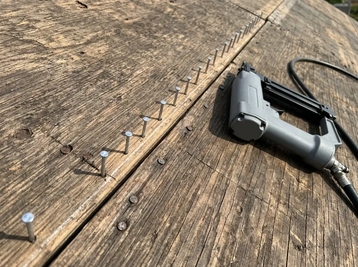 Close view of new ring shank nails driven in a line along a rafter through older plywood roof decking