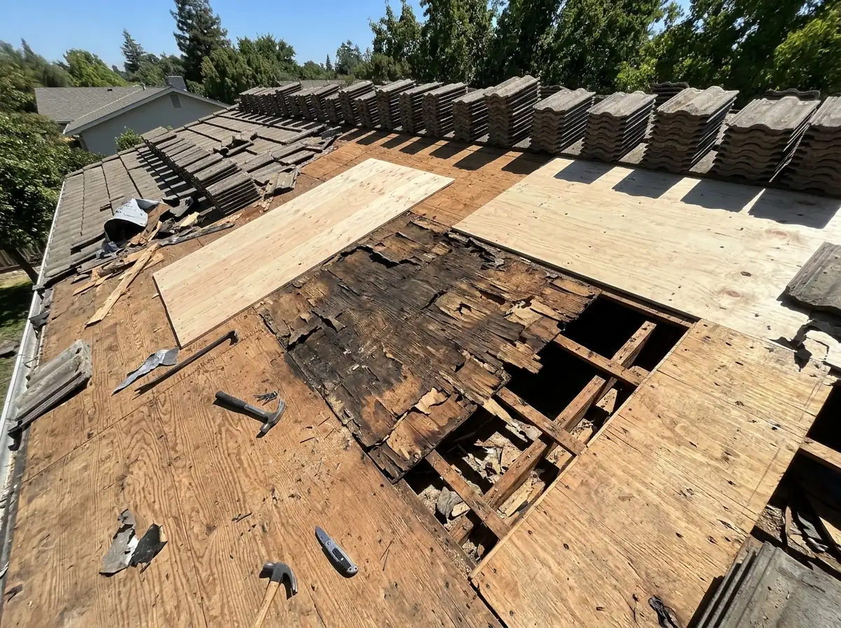 Section of dark water-stained rotted plywood roof sheathing exposed between sound new sheets on a stripped tile roof