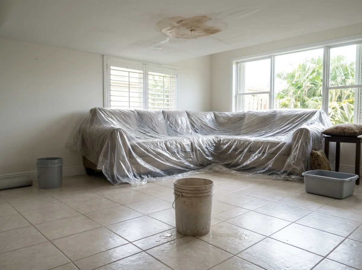 Plastic bucket on a tile floor catching drips from a stained ceiling, furniture pushed back and covered with plastic