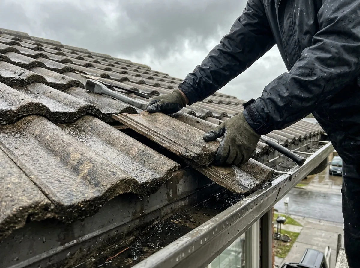 Several loose concrete tiles shifted out of line near the eave of a tile roof, one hanging over the gutter