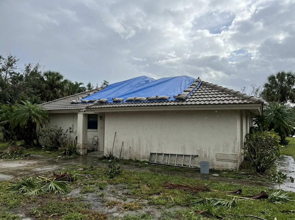 Blue tarp stretched over a section of a concrete S-tile roof, held down with sandbags along its edges