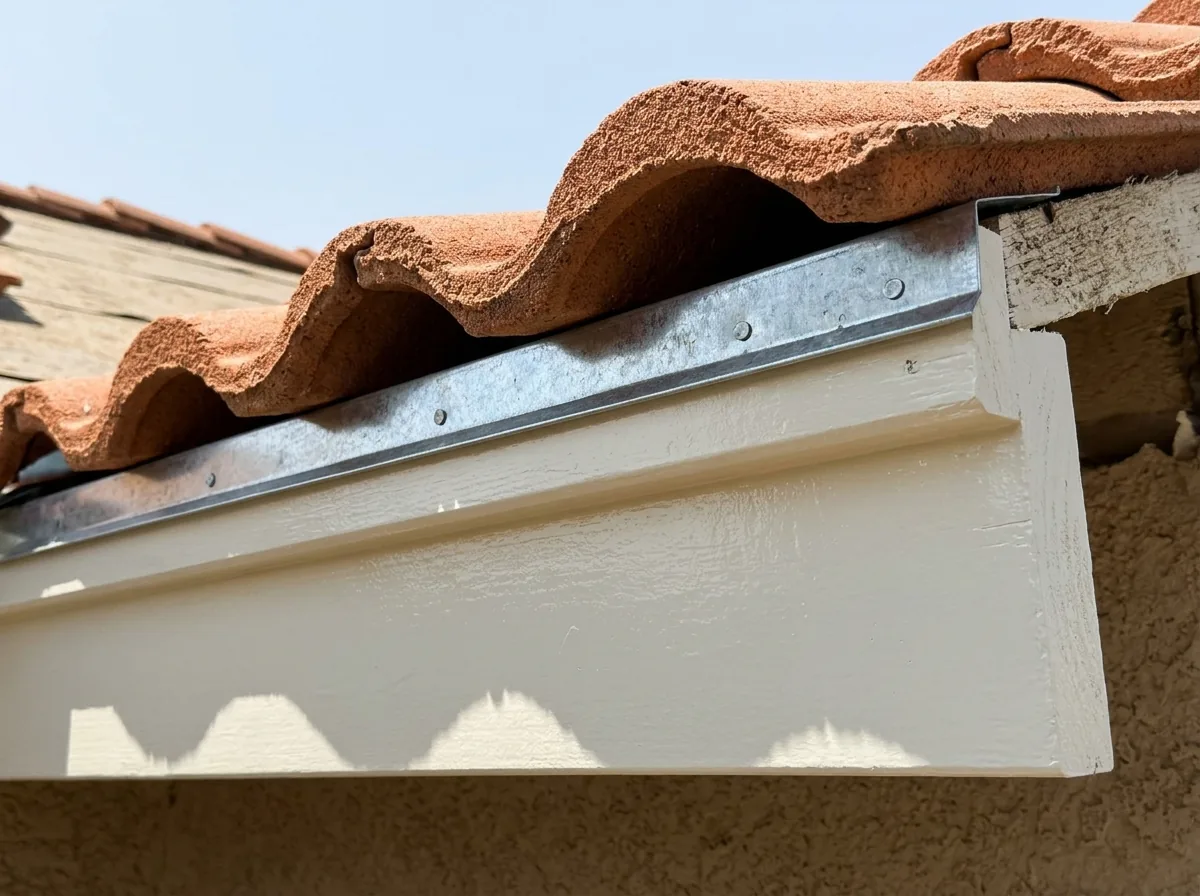 New metal drip edge fastened along the eave over fresh fascia, the first course of concrete tile set just past it