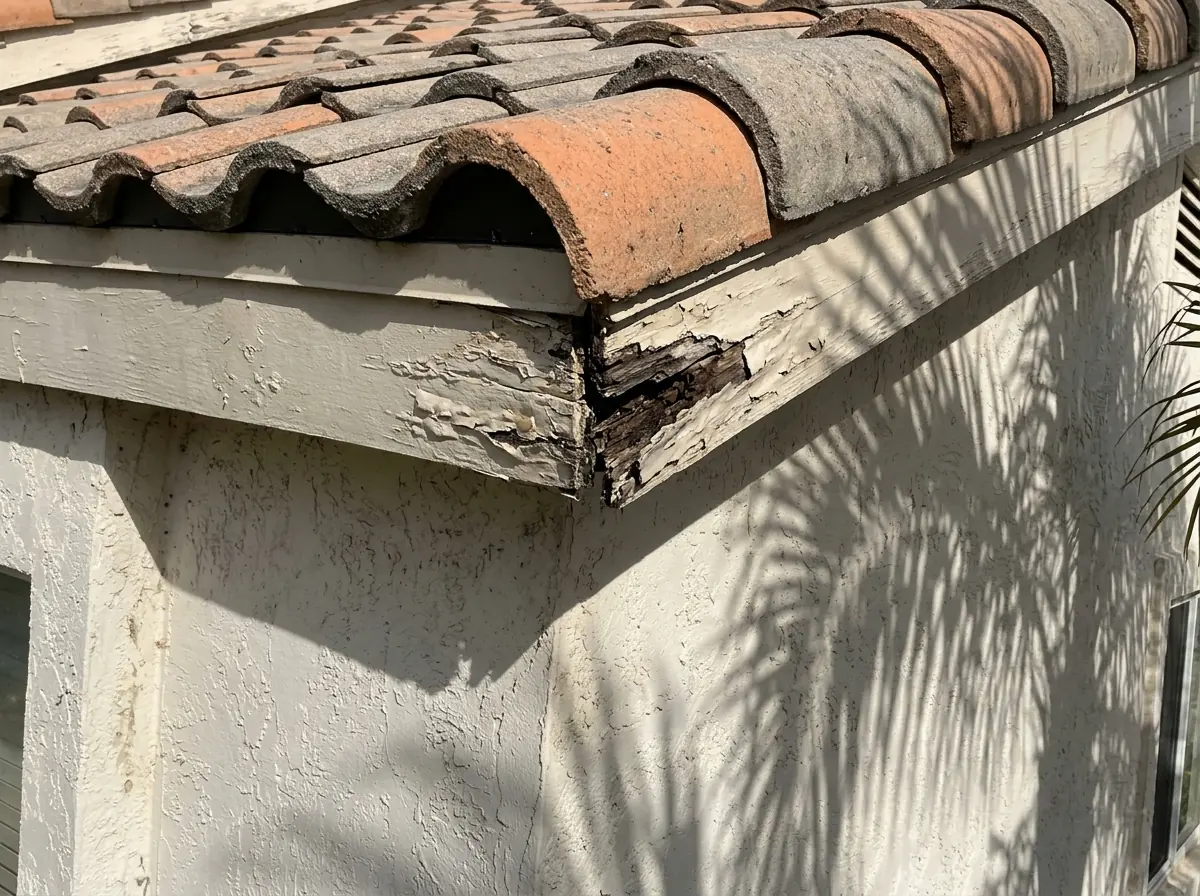 Rotted, split fascia board along the eave of a concrete tile roof, the tile edge overhanging above it