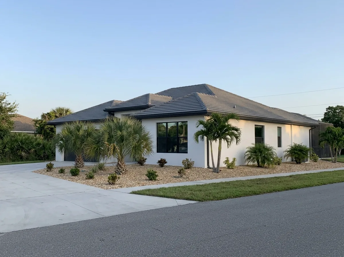 Modern one-story Florida home with a charcoal flat concrete tile roof