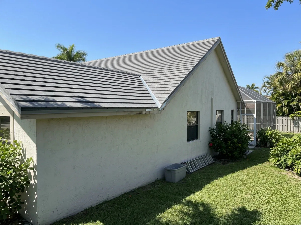 Low-pitched flat tile roof section over a single-story addition meeting a steeper main roof on a stucco house