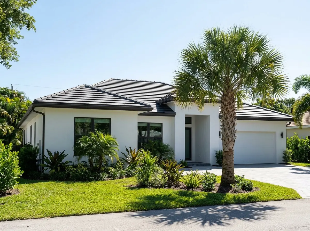Dark charcoal slate-look flat concrete tiles with chamfered edges in staggered rows on a contemporary stucco home