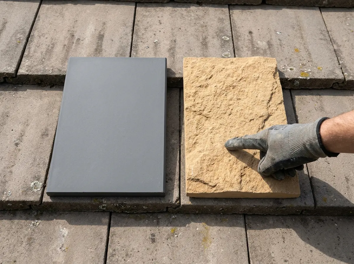 Two flat concrete roof tile samples side by side on a roof, one with a smooth face and one with a rough textured face