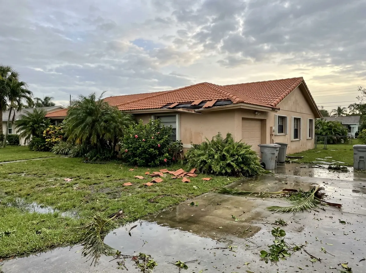 Concrete tile roof with missing and displaced tiles near the eave after a tropical storm, broken tiles on the lawn