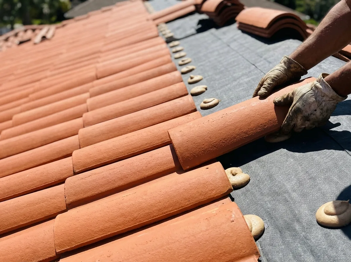 Gloved hands setting a new clay barrel tile onto foam adhesive paddies over underlayment