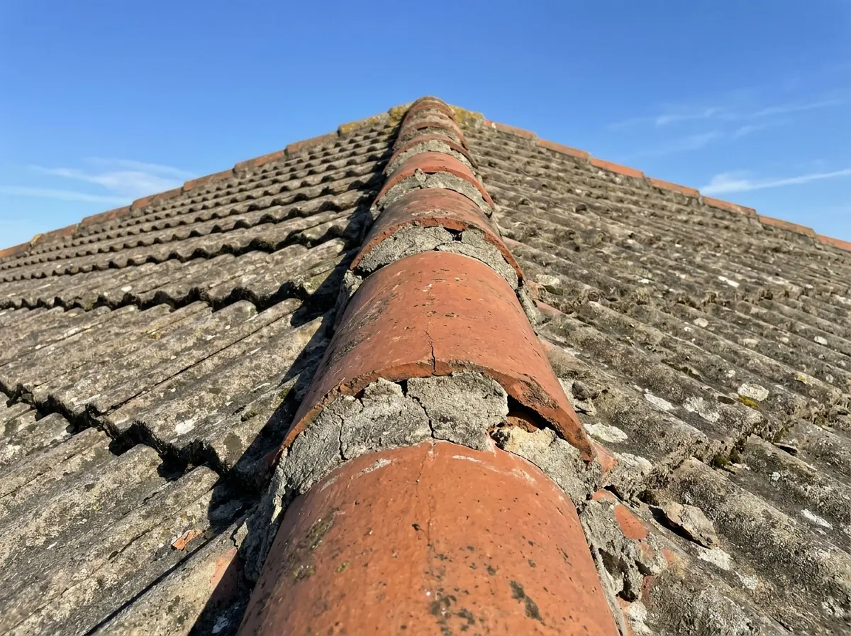 Row of terracotta barrel ridge caps bedded in cracked gray mortar along the peak of a concrete S-tile roof