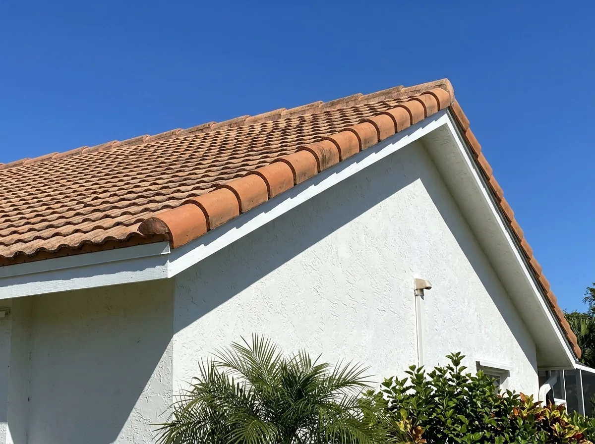Gable end of a stucco house with a column of rake tiles capping the edge of a concrete tile roof