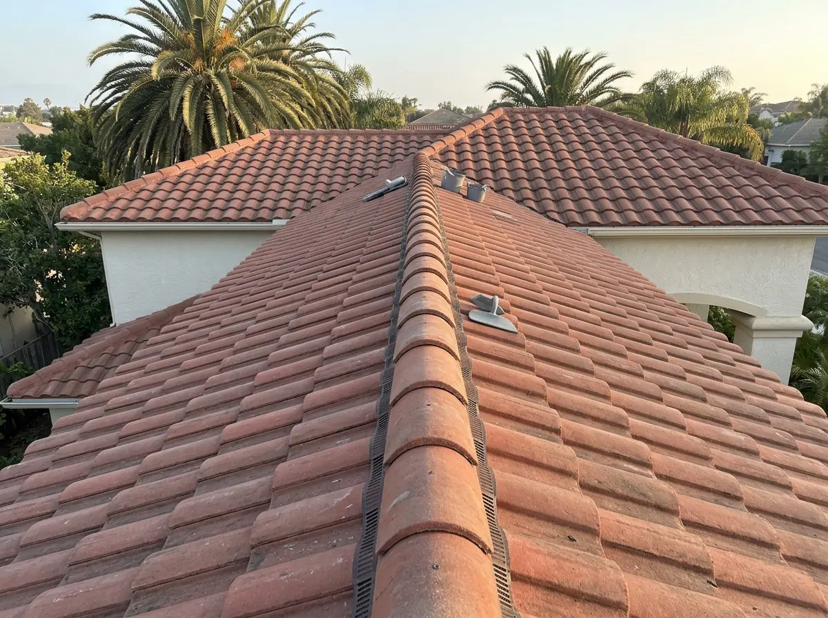 Low-profile vented ridge running along the peak of a terracotta S-tile roof, vent openings visible under the caps