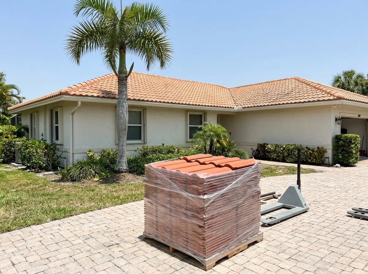 Bundled new terracotta concrete S-tiles on a pallet in front of a single-story stucco house with a weathered S-tile roof