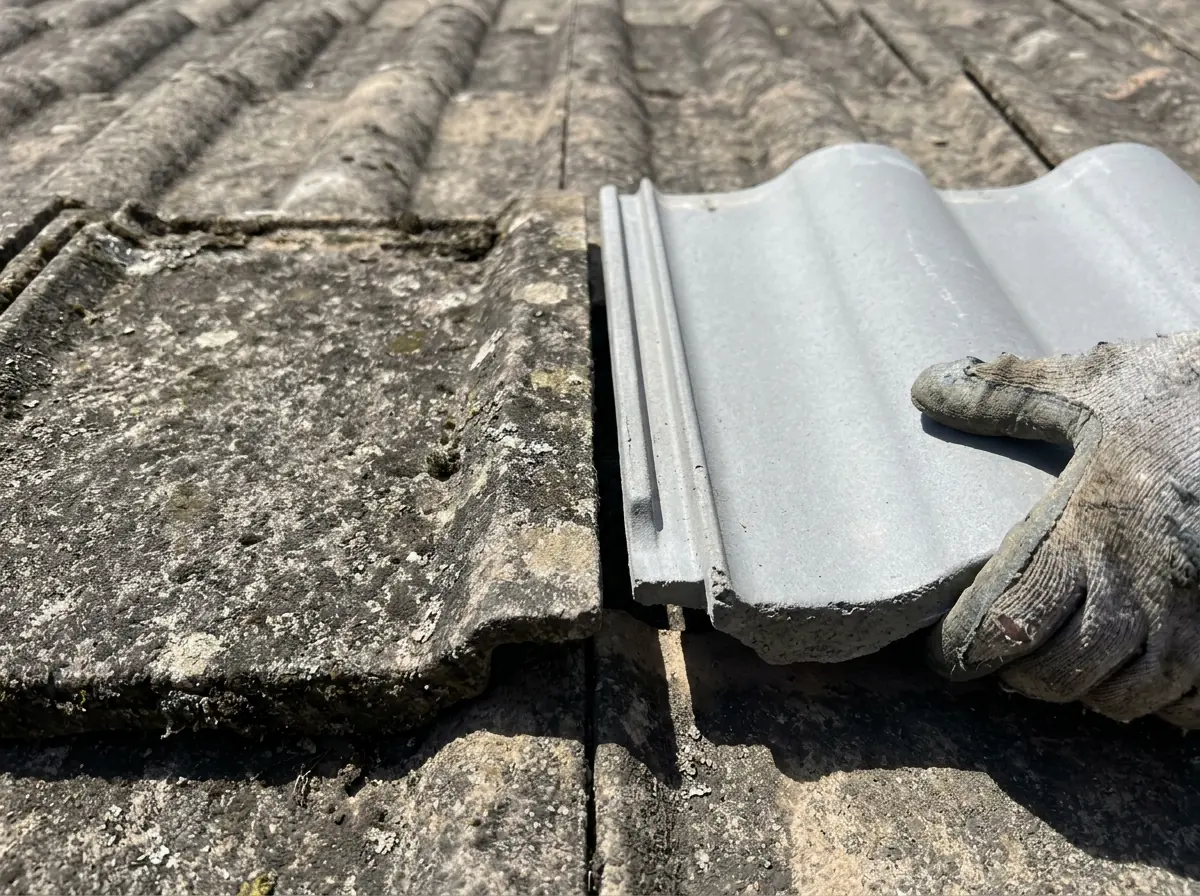 Close view of an old flat-faced concrete roof tile beside a newer concrete tile whose interlocking edge does not line up
