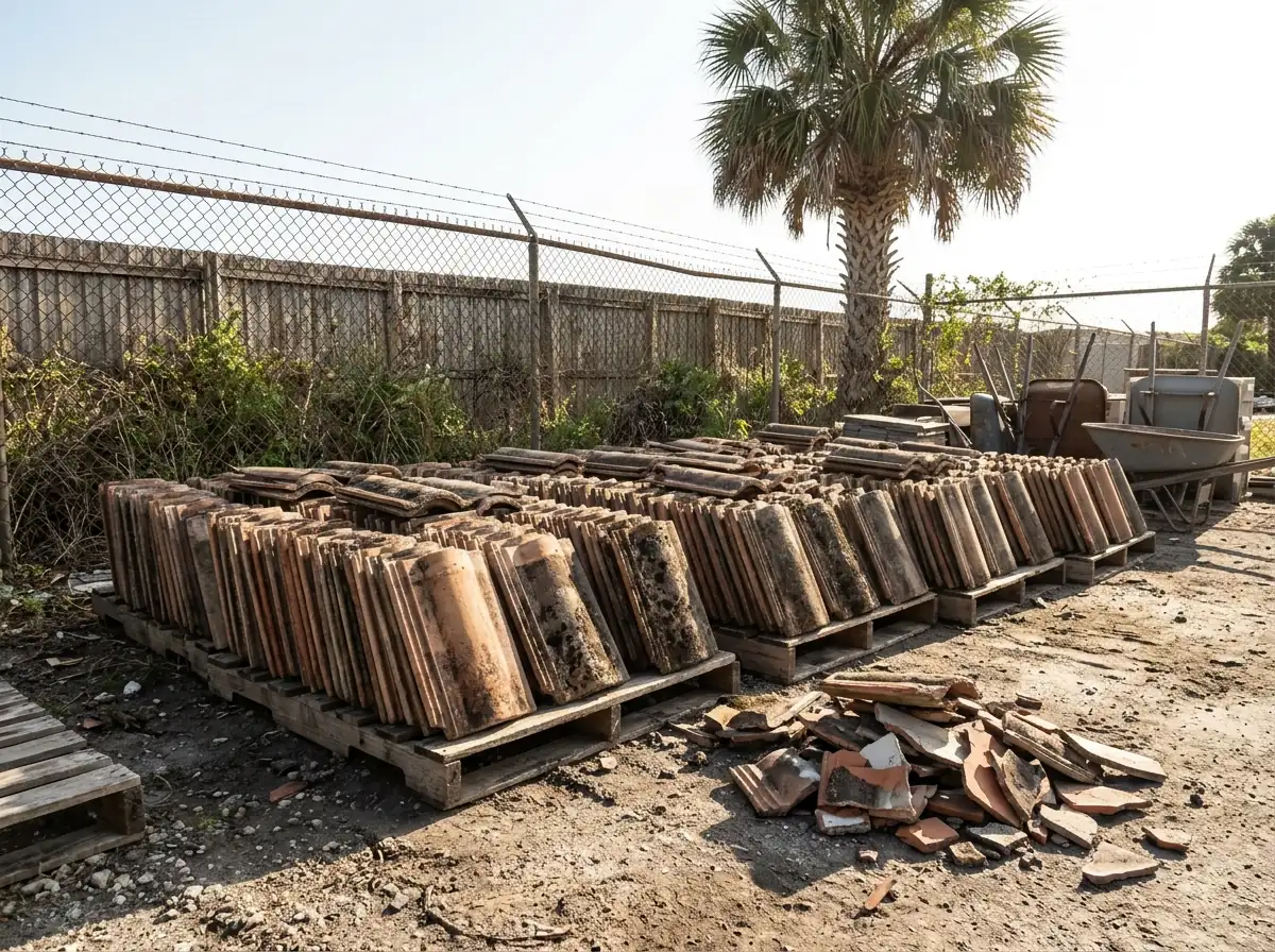 Pallet of used weathered concrete S-tiles stacked on edge in a supply yard, a few chipped pieces set aside