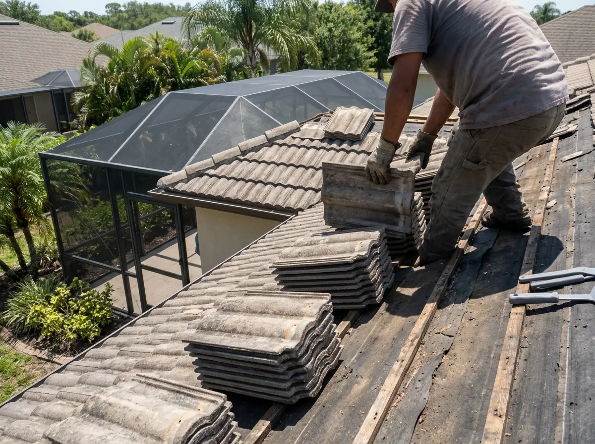Roofer seen from behind lifting concrete tiles off a back slope above a screened pool cage and stacking them near the ridge