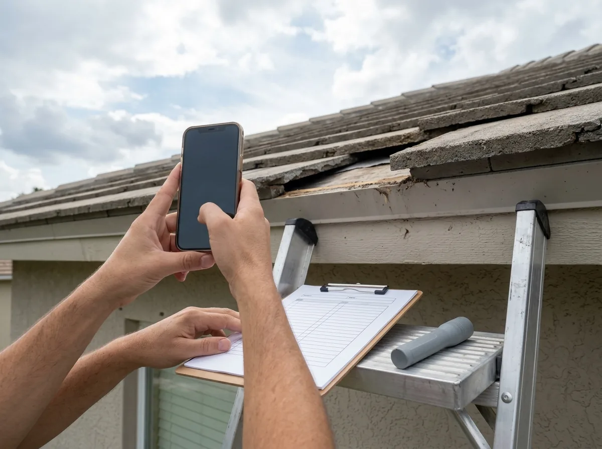 Homeowner's hands holding a phone photographing missing roof tiles from a ladder, clipboard with a damage checklist on the ladder tray