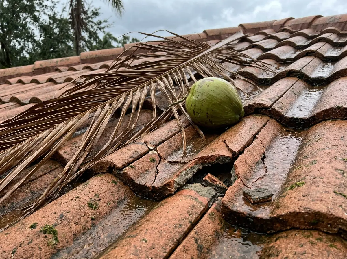 Broken concrete roof tiles with impact cracks around a fallen palm frond and coconut on a tile roof