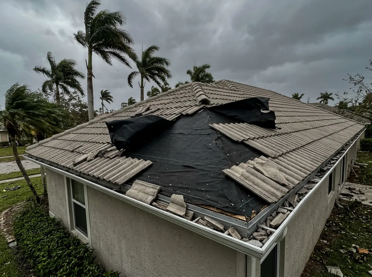 Black underlayment exposed where a patch of tiles blew off a hip roof, one torn flap lifting in the wind