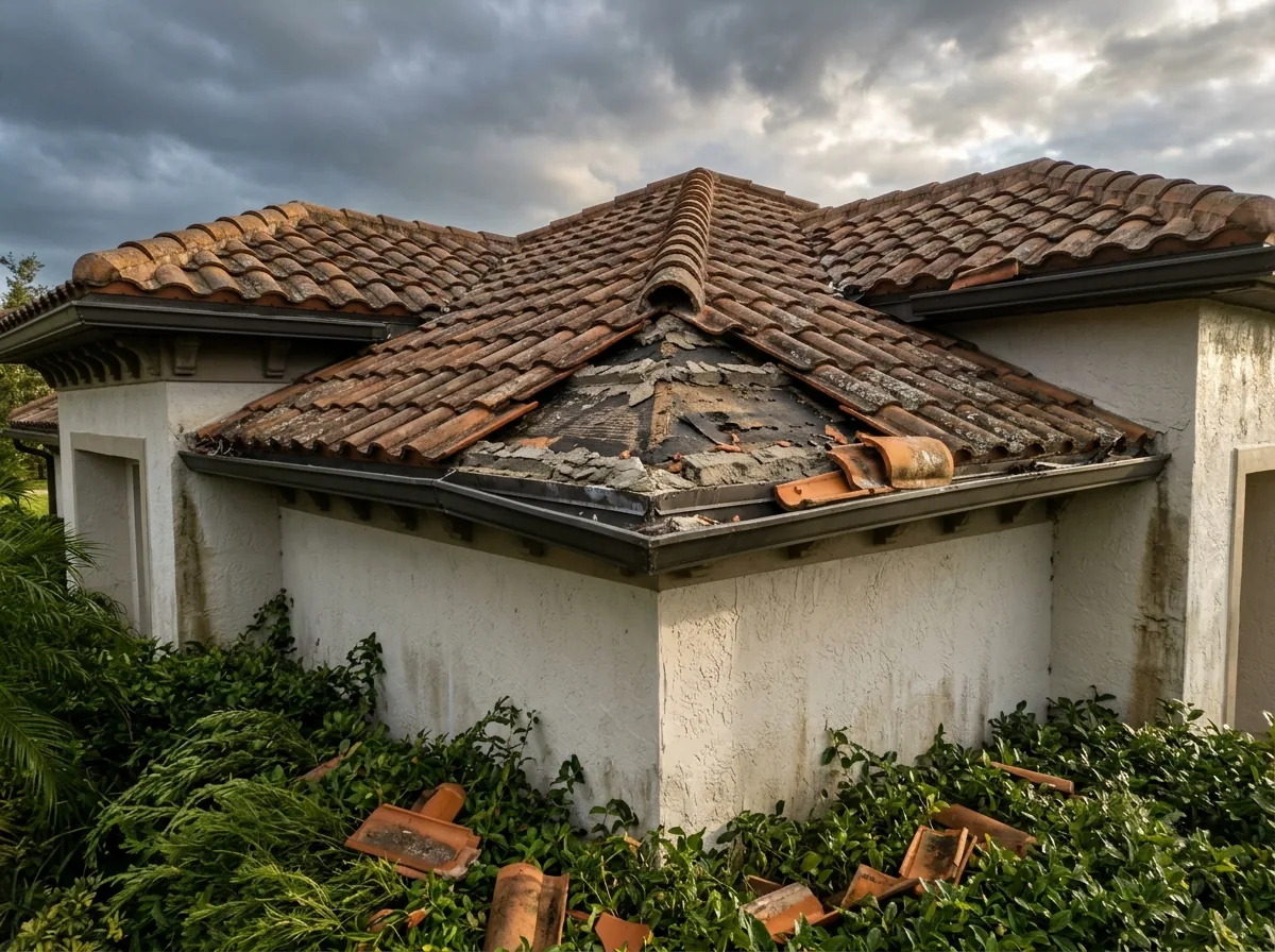 Ridge caps and the first row of barrel tiles torn off at the eave of a terracotta tile roof, mortar beds left behind