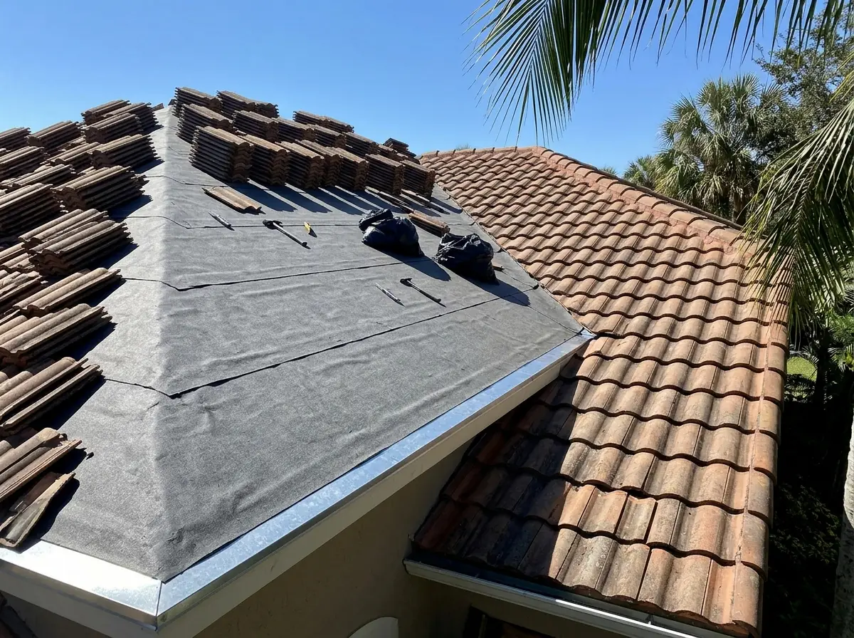 Existing roof tiles lifted and stacked along the ridge while new underlayment covers the deck