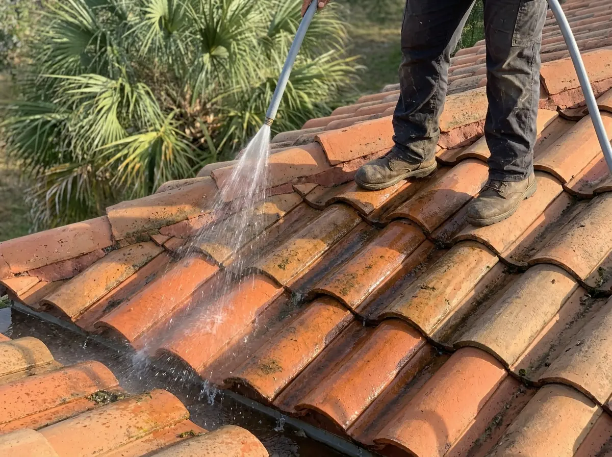 Terracotta clay barrel tile roof being rinsed gently from above, water running down the tile channels toward the eave