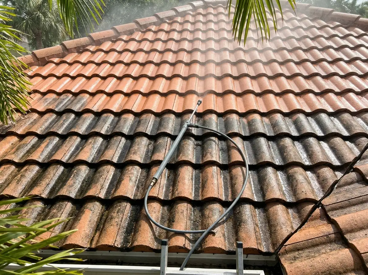 Concrete tile roof half cleaned by soft washing, black algae streaks below and clean terracotta tiles above