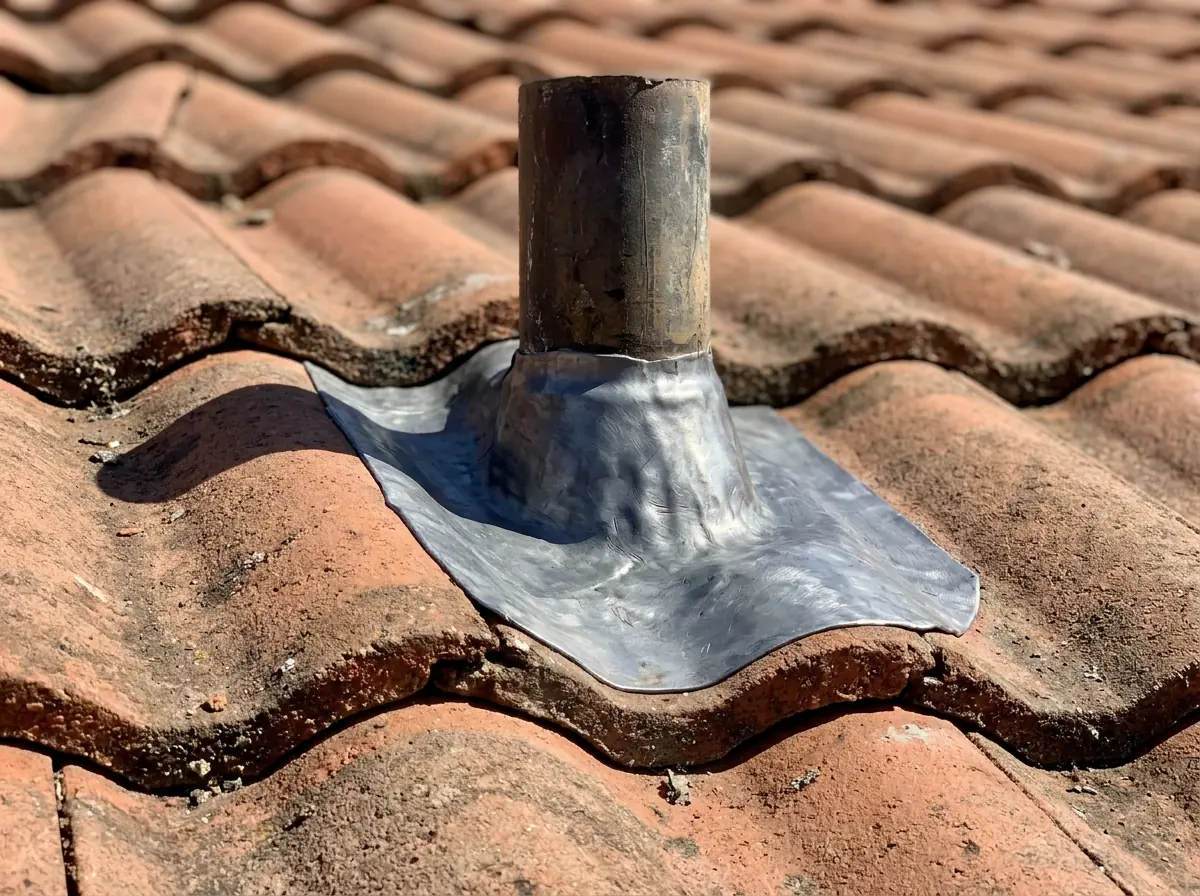 Lead skirt flashing around a plumbing vent pipe woven into rows of terracotta concrete S-tile
