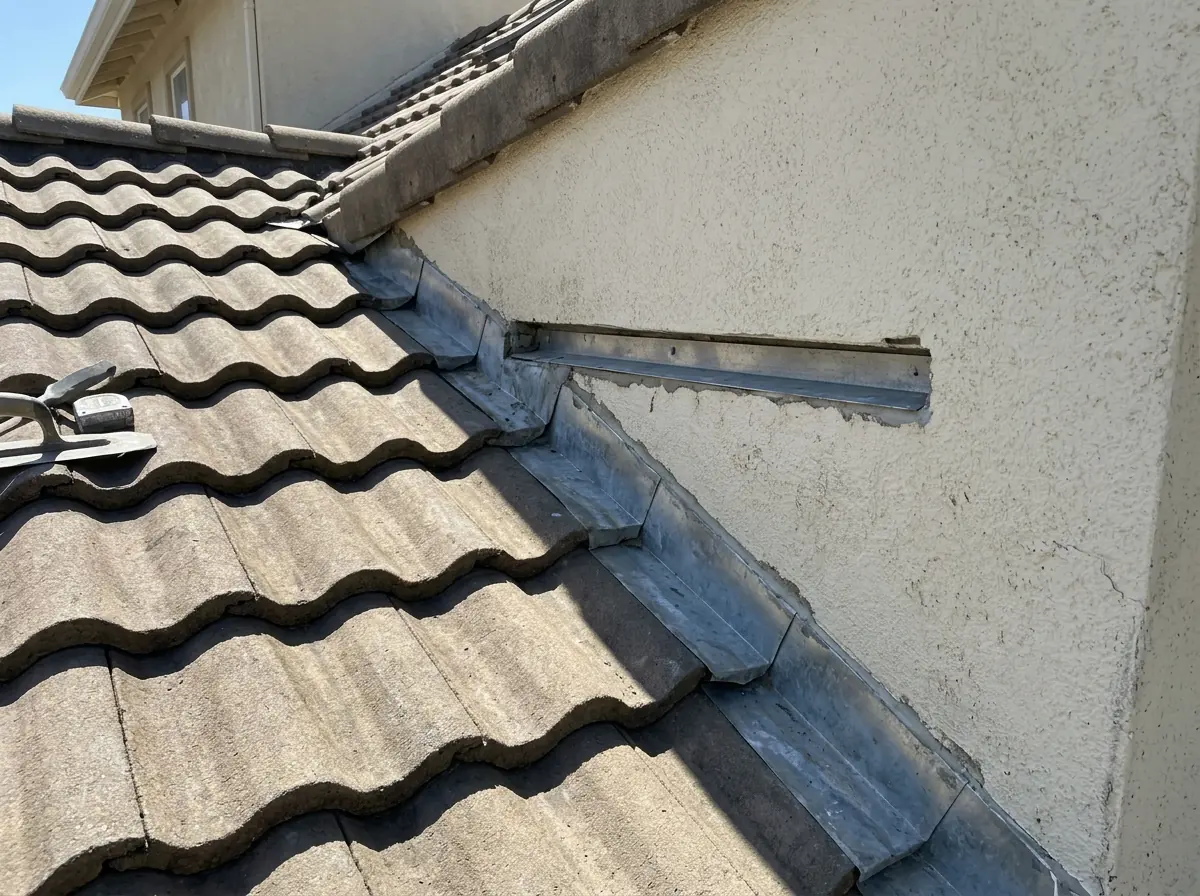 L-shaped metal flashing along the base of a stucco wall where a concrete S-tile roof slope meets a second-story wall