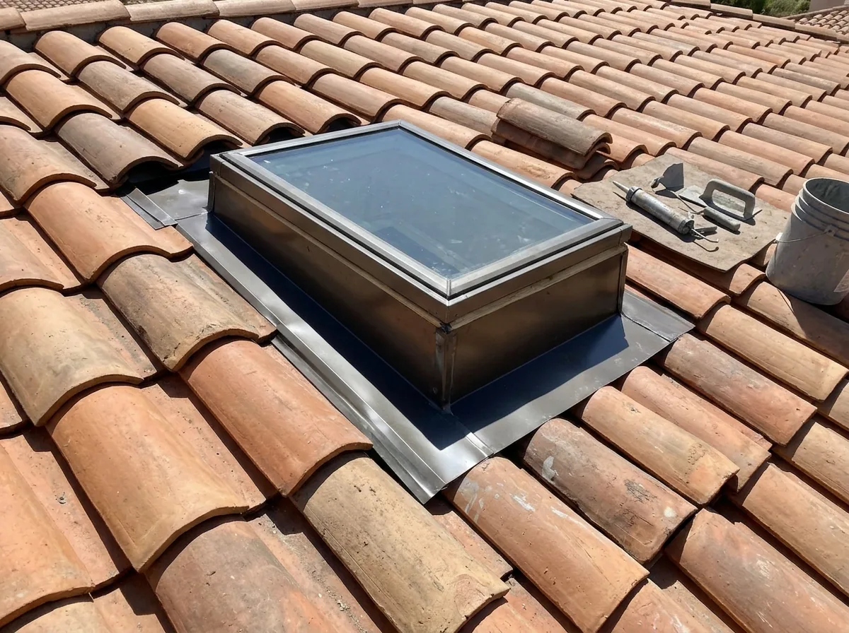 Curb-mounted skylight on a clay barrel tile roof with metal flashing wrapped around the curb