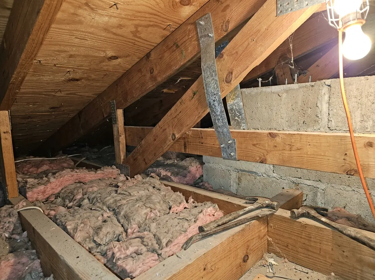 Attic view of a metal hurricane strap tying a roof truss to the top of a concrete block wall