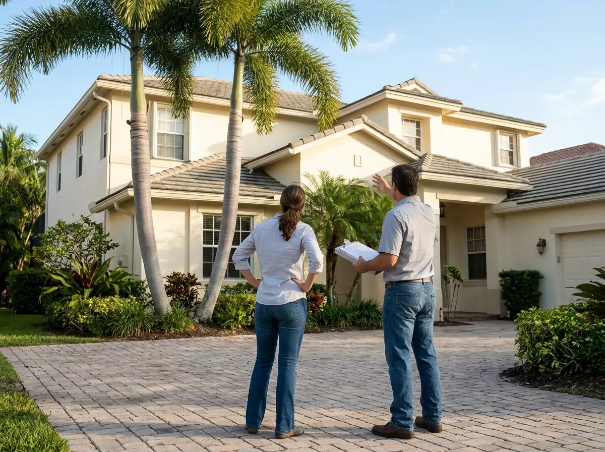 Buyer and inspector seen from behind on a driveway looking up at the concrete tile roof of a two-story stucco home