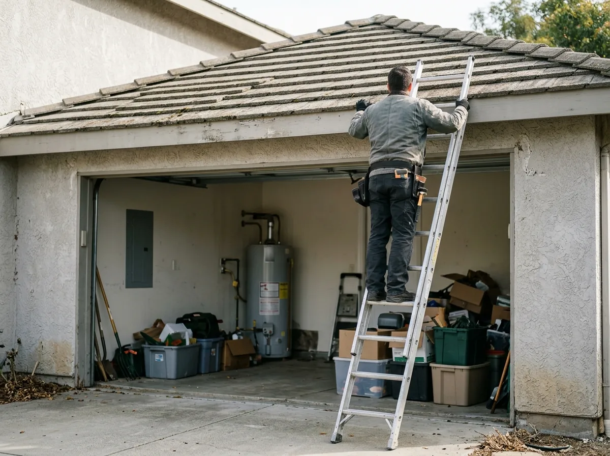 Inspector seen from behind on a ladder at the eave of a concrete tile roof, an open garage with an electrical panel and water heater below